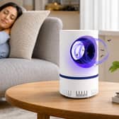 The fan-powered indoor trap uses ultraviolet light and targeted airflow to capture fruit flies and other small flying insects