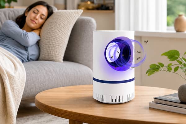 The fan-powered indoor trap uses ultraviolet light and targeted airflow to capture fruit flies and other small flying insects