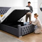 The Velvet Hilton Bed includes a 46-inch upholstered headboard and memory sprung mattress, with optional lift-up ottoman storage