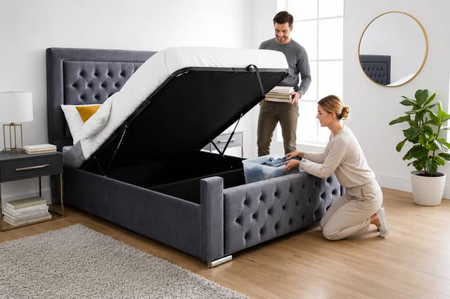 The Velvet Hilton Bed includes a 46-inch upholstered headboard and memory sprung mattress, with optional lift-up ottoman storage