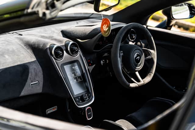 The car is specced with carbon fibre bucket seats, top-exit exhausts and a 591bhp twin-turbo V8