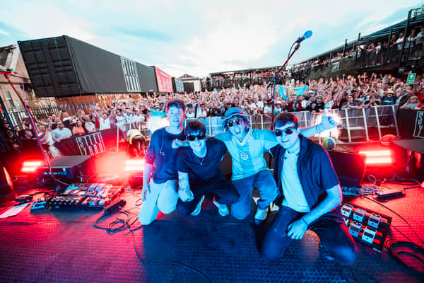 The Sherlocks celebrate with their fans after a triumphant hometown show at Sheffield SteelYard