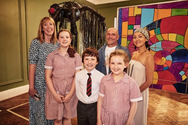 Deputy Head and Director of Music and Art Lynsey Rix (left) with Nick Hockney and Helen Brayshaw, joined by Moorfield pupils at the school’s Turner Prize-inspired exhibition, where pupils’ contemporary art.