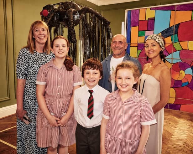 Deputy Head and Director of Music and Art Lynsey Rix (left) with Nick Hockney and Helen Brayshaw, joined by Moorfield pupils at the school’s Turner Prize-inspired exhibition, where pupils’ contemporary art.