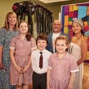 Deputy Head and Director of Music and Art Lynsey Rix (left) with Nick Hockney and Helen Brayshaw, joined by Moorfield pupils at the school’s Turner Prize-inspired exhibition, where pupils’ contemporary art.
