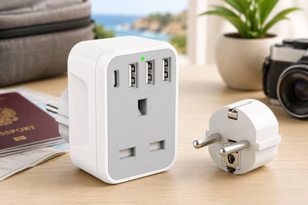 The Omivine European travel adapter combines a UK socket with three USB-A ports and one USB-C connection