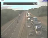 Motorists face severe disruption as traffic queues back for four miles on the A1(M) southbound following an overturned HGV between Knaresborough and Wetherby.