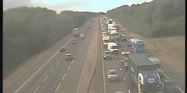 Motorists face severe disruption as traffic queues back for four miles on the A1(M) southbound following an overturned HGV between Knaresborough and Wetherby.