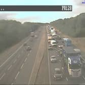 Motorists face severe disruption as traffic queues back for four miles on the A1(M) southbound following an overturned HGV between Knaresborough and Wetherby.