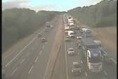 Motorists face severe disruption as traffic queues back for four miles on the A1(M) southbound following an overturned HGV between Knaresborough and Wetherby.
