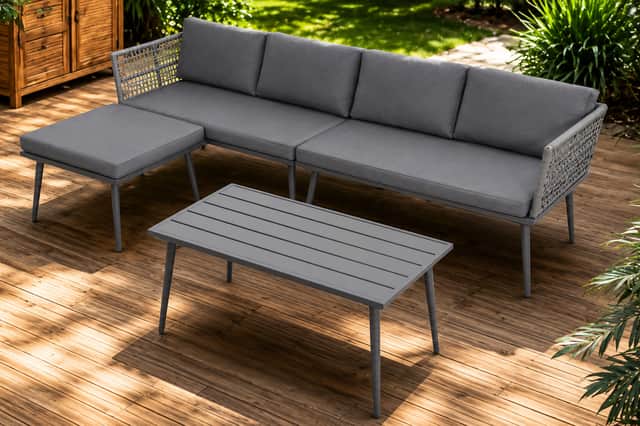Removable cushion covers and a sturdy metal frame make the set practical for regular outdoor use