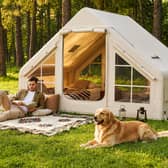 The inflatable camping tent accommodates up to four people and includes a manual pump, guy ropes, stakes and carry bag