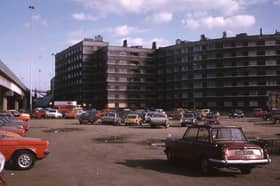 Quarry Hill Flats from across a car park in September 1975.