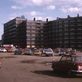 Quarry Hill Flats from across a car park in September 1975.