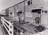 Beattie Turner, front, in the fenced off garden  of her Stanks Drive home with Kathleen Olbison in October 1983.