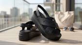The Crocs Brooklyn Cross Sandals are available in black and discounted by more than half, with sizes ranging from 3 to 9