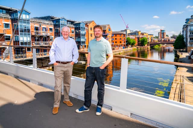 Colin Harris, one of the original engineers who worked on the Centenary Bridge, in Leeds, in 1992, with Paul Ellison, Co-Chair of The Quality Spaces and Places and Leeds Waterfront Group. 