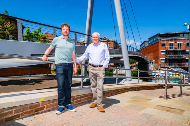 Colin Harris, one of the original engineers who worked on the Centenary Bridge, in Leeds, in 1992, with Paul Ellison, Co-Chair of The Quality Spaces and Places and Leeds Waterfront Group. 