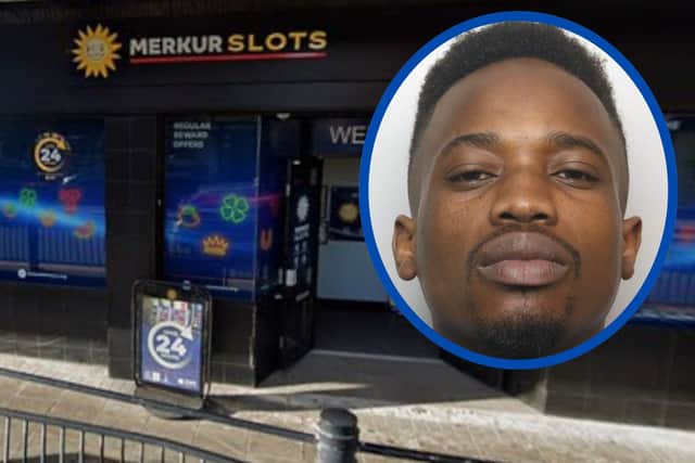 Dembel (inset) tried to rob the elderly man at the amusement arcade in Armley.
