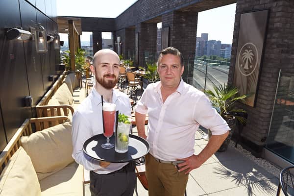 9th July 2026
Feature on Azotea restaurant for Leeds Summer Served campaign.
Pictured from left Supervisor Chris Robinson and GM Mark Morris on the North Terrace
Picture Gerard Binks