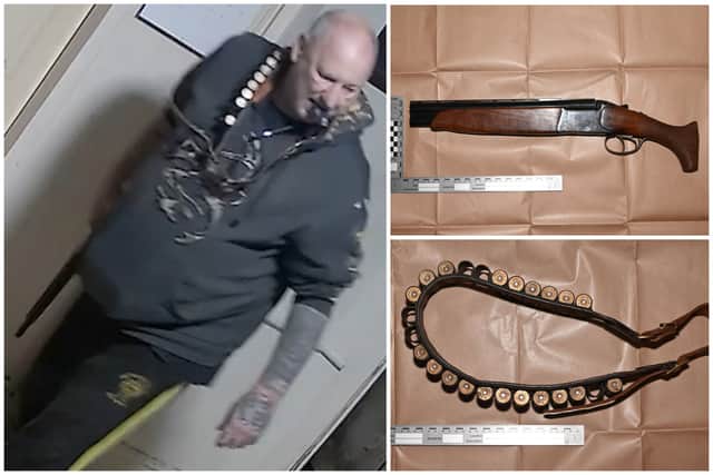 Frost armed with the illegal shotgun and bandolier full of cartridges. He even had a spare cartridge between his teeth.