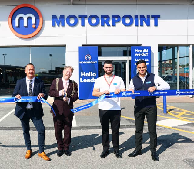 (L-R) Chris Goodison, Regional Operations Director at Motorpoint; Councillor Stephen Holroyd, Lord Mayor of Leeds; Dan Stevens, General Sales Manager Motorpoint Leeds and Raees Nomaz, Assistant Sales Manager.
