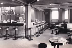Inside The General Wade which opened in October 1965  and was the first stage of a new hotel scheme at the Merrion Centre by the Rank Organisation.  A glazed bridge connected the first floor lounge bar to the reception area of the new hotel which opened in January 1966.
