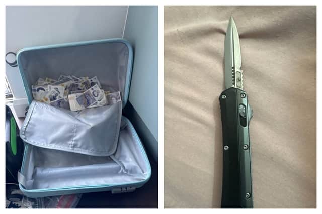 Over ten thousand pounds in suspected counterfeit notes and a locking flick knife were seized.