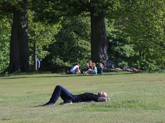 People enjoy the sunshine in Roundhay Park in Leeds.
