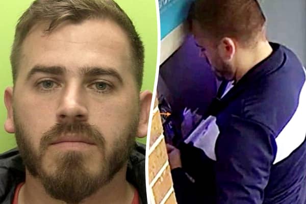 Felix Urcaciu, 33, (L) and with cashpoint trapping devices (R)