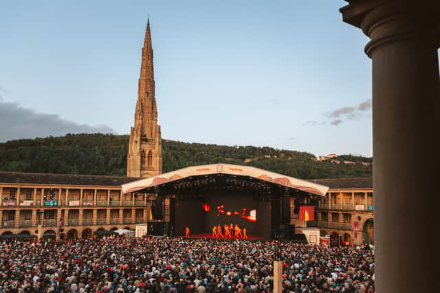 David Byrne performs in the stunning setting of The Piece Hall in Halifax.