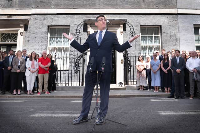 New Prime Minister Andy Burnham makes a speech outside 10 Downing Street after meeting King Charles III and accepting his invitation to become Prime Minister and form a new government