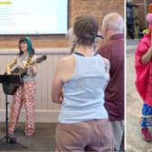 The Otley Run Complaints Choir in rehearsals plus Sue Jennings and Anna Douglas dressed up for part of the initial research.