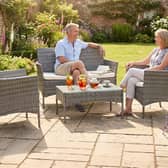 The £67 garden furniture set includes a two-seater sofa, two armchairs and a tempered glass coffee table