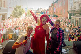 Bradley Riches, La Voix, and Soraya Vivian on stage at Leeds Pride 2026.