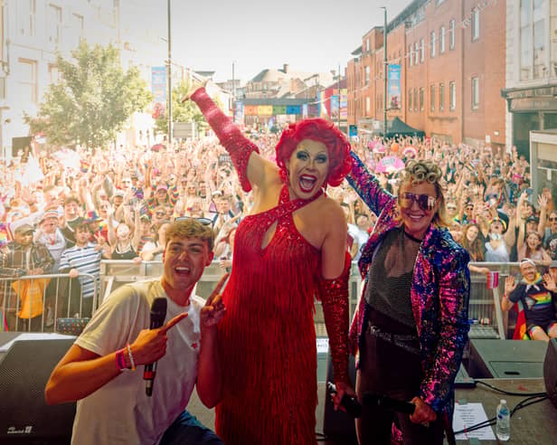 Bradley Riches, La Voix, and Soraya Vivian on stage at Leeds Pride 2026.