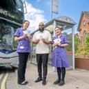 Mubarak Mahmed, Social Value Manager at First Bus, with Nada and Ebony, midwives at Leeds Teaching Hospitals NHS Trust