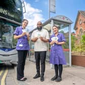 Mubarak Mahmed, Social Value Manager at First Bus, with Nada and Ebony, midwives at Leeds Teaching Hospitals NHS Trust
