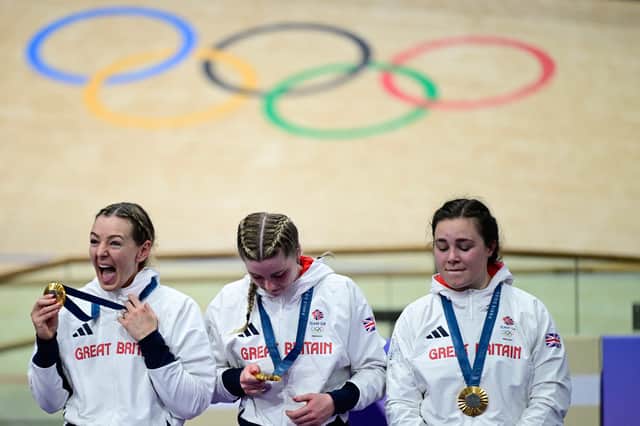 OLYMPIC GOLD: For Katy Marchant, left, with Sophie Capewell and Emma Finucane.