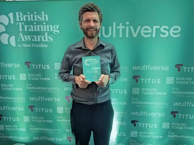 Carl Newbould, Leeds Museums and Galleries’ learning and access officer (pictured), accepting the prestigious British Training Awards for Careers For All.