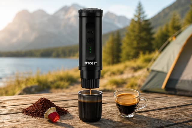 The portable espresso machine works with both Nespresso-compatible capsules and ground coffee, making it ideal for holidays, commuting and camping.