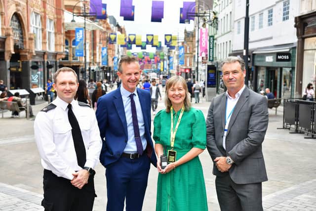 From left to right: Superintendent Matt Scott of West Yorkshire Police, chief executive of LeedsBID Andrew Cooper, Leeds BID Director of Place, Engagement & Safety Karen Butler and Paul Money, Chief Officer for Safer Stronger Communities at Leeds City Council