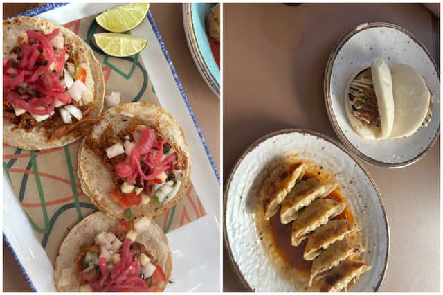 Salma's pollo de tinga tacos, and Rakku's salt and pepper aubergine bao buns and pork gyoza