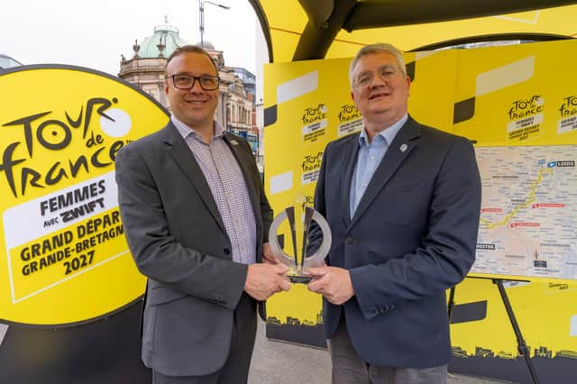 Dean Hardman (readiness director for Grand Départ GB) and Councillor James Lewis (leader of Leeds City Council) at the event marking one year until Leeds welcomes the Grand Départ of the 2027 Tour de France Femmes avec Zwift