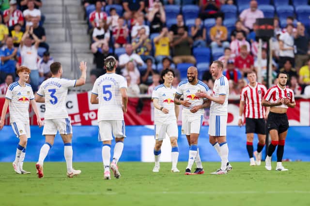 Lukas Nmecha celebrates his early opener in Leeds United’s win against Sunderland.