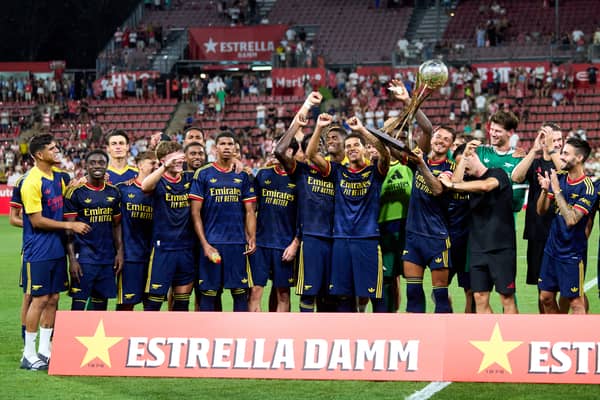 IMPACT: From former Leeds United keeper Illan Meslier, third right, for Arsenal.