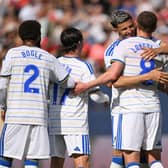 ANOTHER ONE: Sean Longstaff is hugged by Tarik Muharemovic after bagging his second Leeds United goal of the summer.