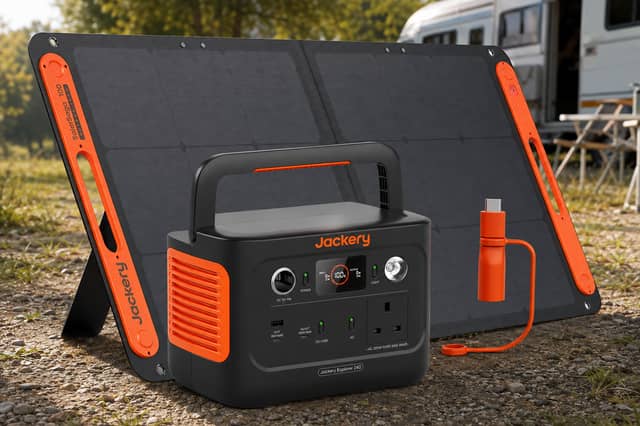 The Jackery bundle combines the Explorer 240 V2 power station with a 100W solar panel and USB-C converter