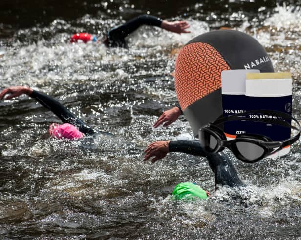 Open-water swimmers on course, pictured alongside key gear including the Speedo Biofuse 2.0 goggles, Nabaiji neoprene swim cap, and Zone3 anti-chafing balm.
