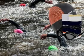 Open-water swimmers on course, pictured alongside key gear including the Speedo Biofuse 2.0 goggles, Nabaiji neoprene swim cap, and Zone3 anti-chafing balm.